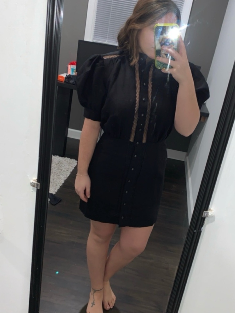 C/MEO Collective Black Puff-Sleeve Button-Front Mini Dress